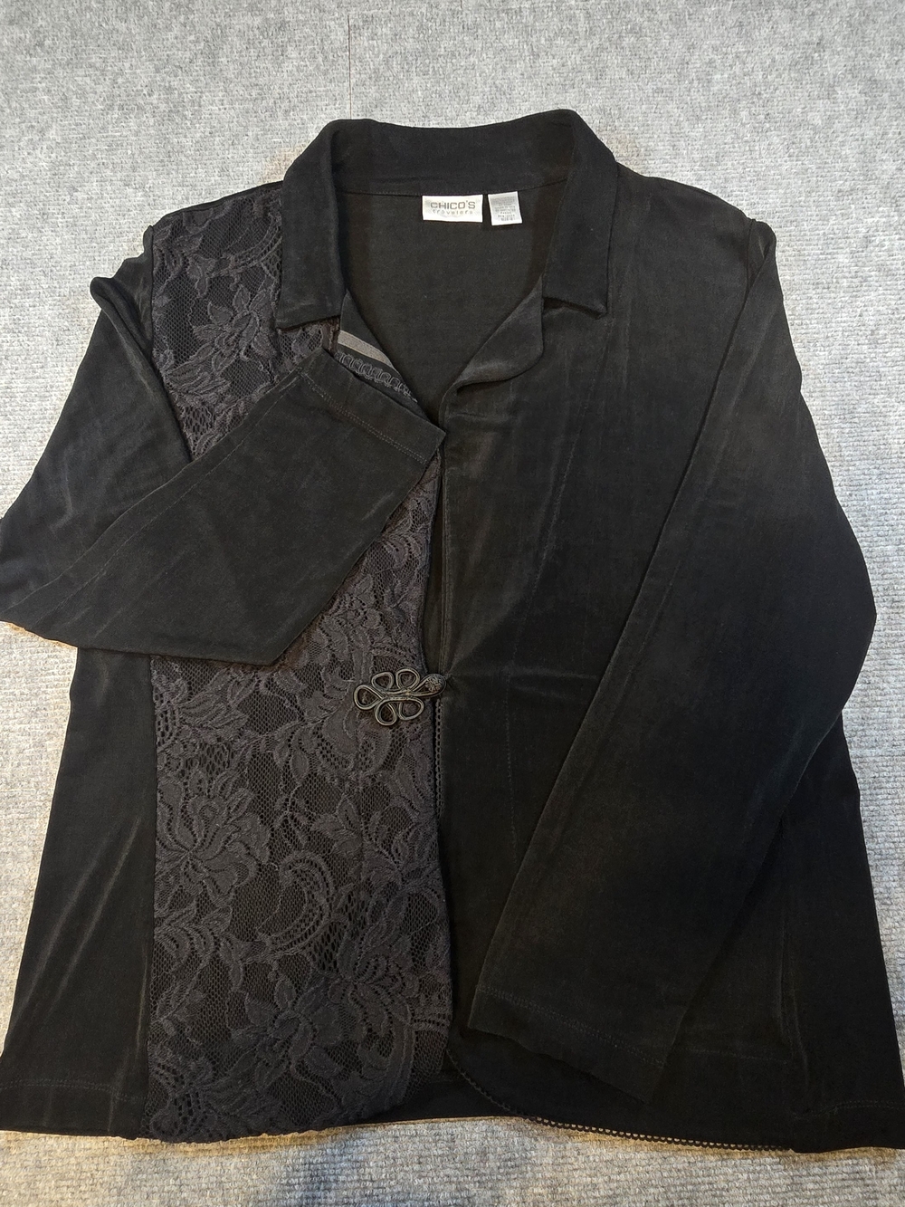 Chico’s Travelers Black Lace Jacket Size 3 XL Stretch Evening Cardigan